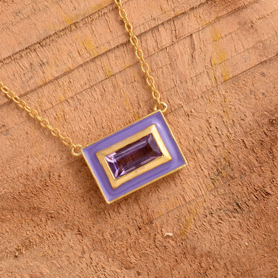 Baguette Amethyst Enamel Silver Chain Necklace