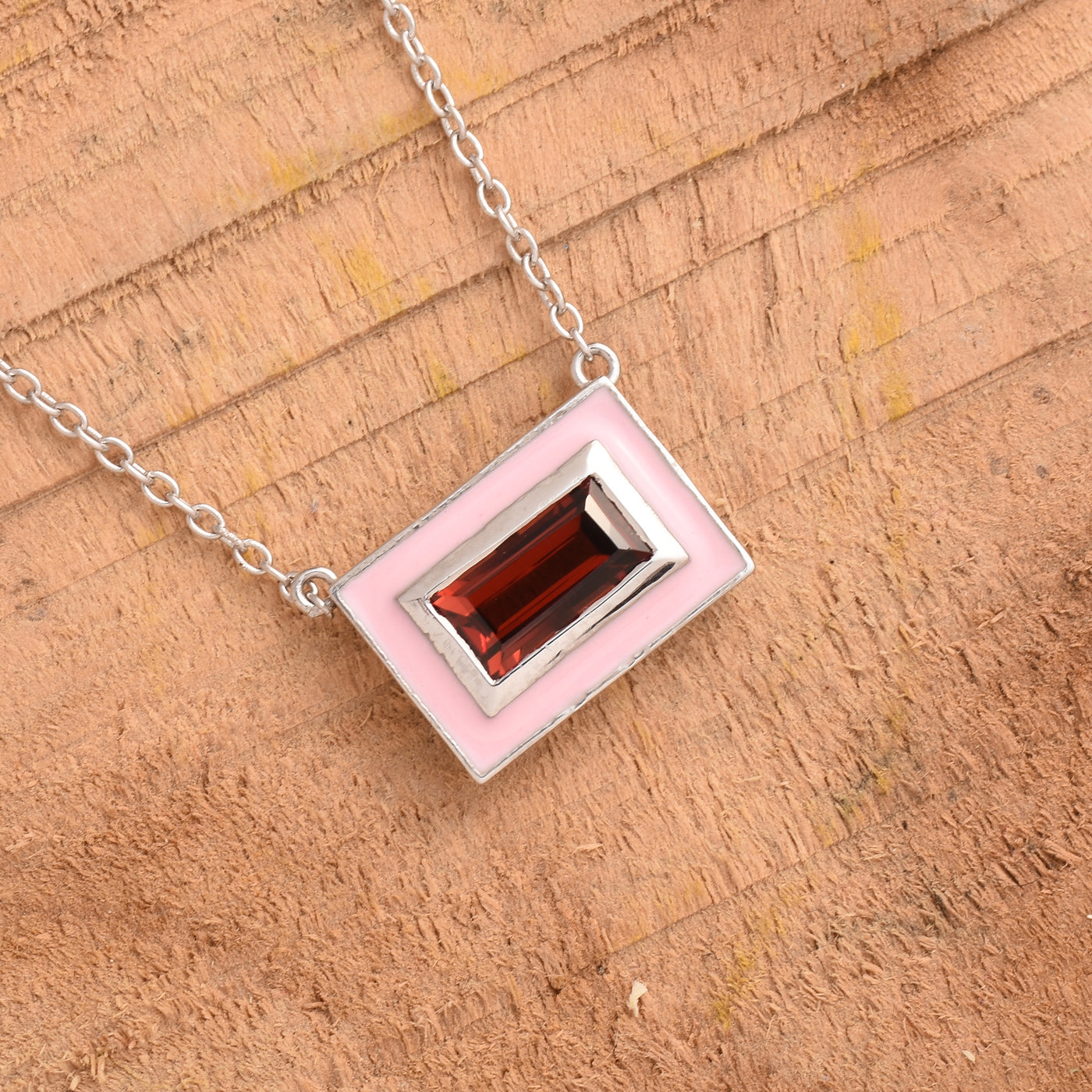 Delicate Baguette Garnet Enamel Necklace