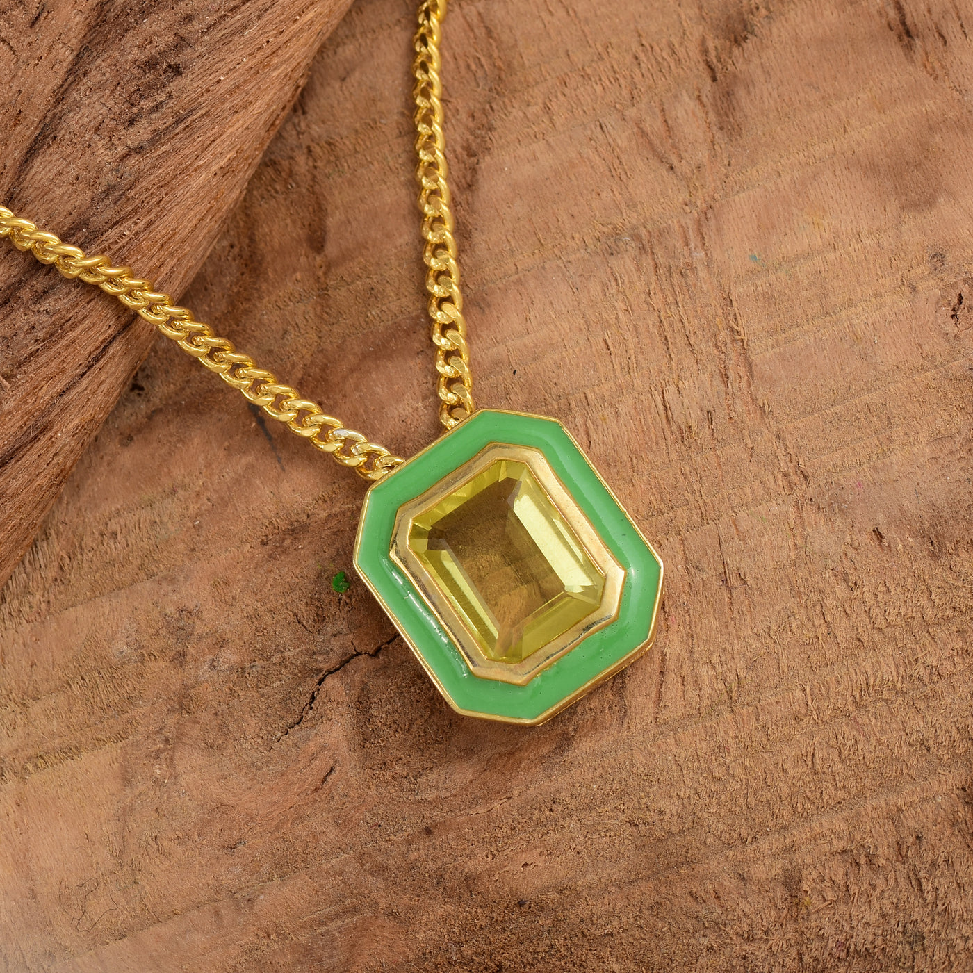 Octagon Lemon Quartz Enamel Chain Necklace