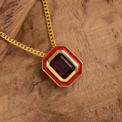 Octagon Garnet Enamel Chain Necklace