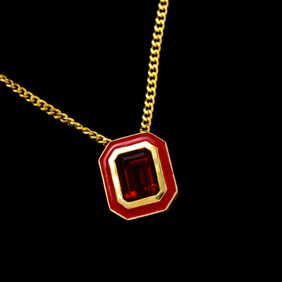 Octagon Garnet Enamel Chain Necklace