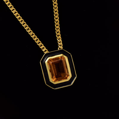 Octagon Citrine Enamel Silver Necklace