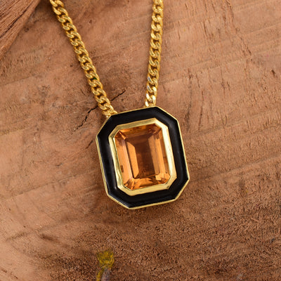 Octagon Citrine Enamel Silver Necklace