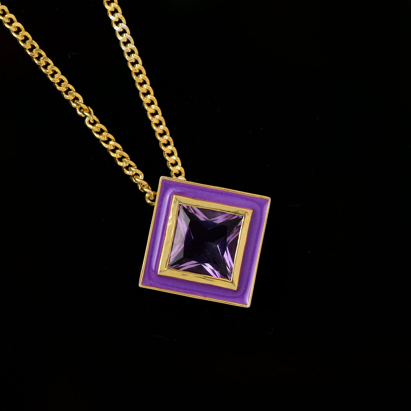 Square Amethyst Enamel Dainty Necklace