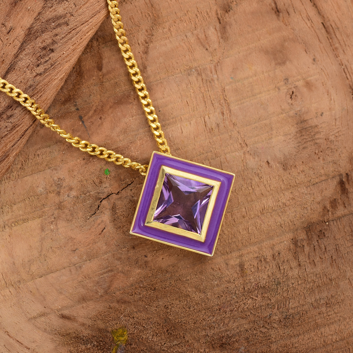 Square Amethyst Enamel Dainty Necklace