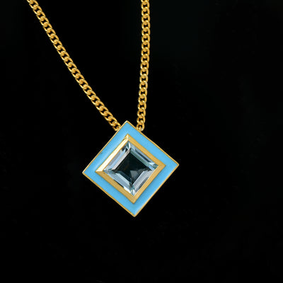 Square Blue Topaz Enamel Chain Necklace