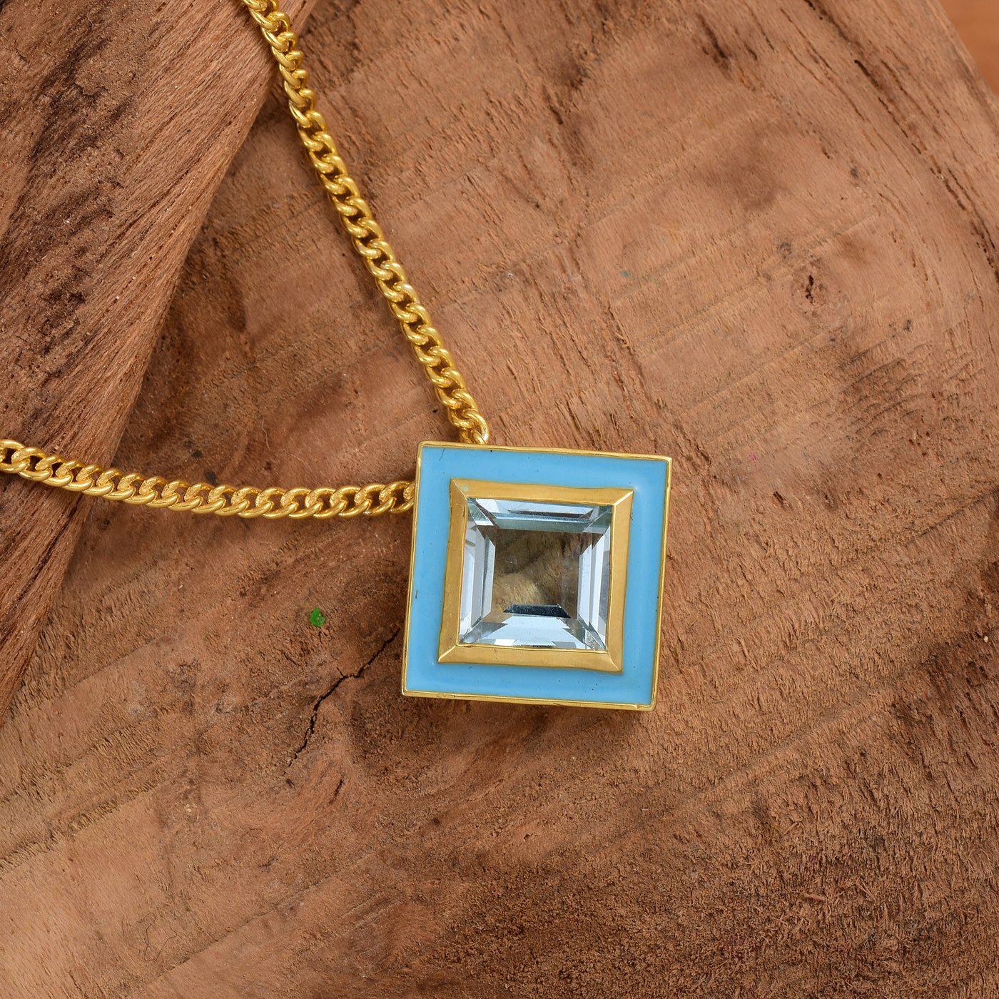 Square Blue Topaz Enamel Chain Necklace