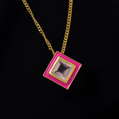 Square Rose Quartz Enamel Hued Necklace