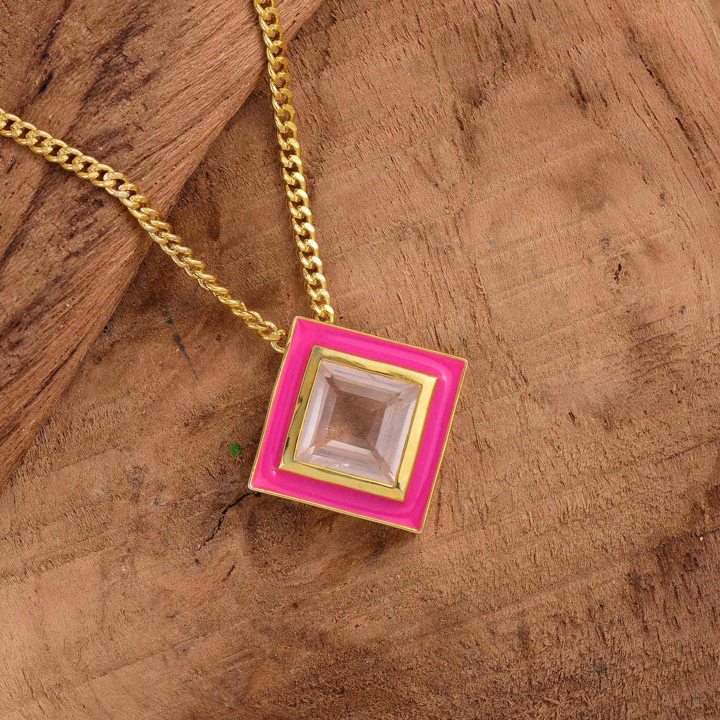 Square Rose Quartz Enamel Hued Necklace