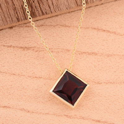 Square Garnet Solitaire Necklace